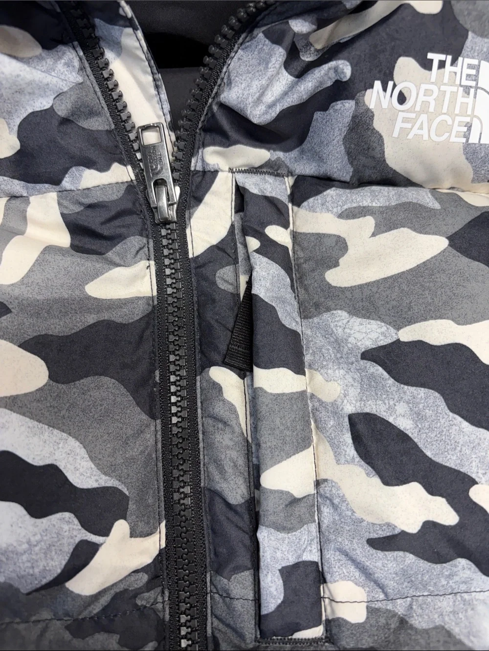 The North Face Kids Black, Gray & White Down Camo Puffer Jacket with Hood